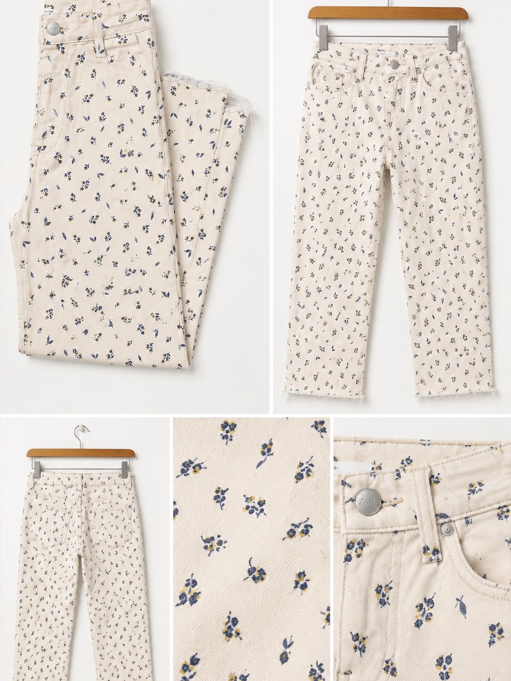 Zara Marine Straight Cream Cropped Jeans with Navy and Yellow Floral Print